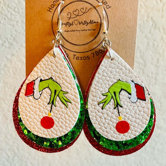 Triple Layers Grinch Hands Faux Leather Women’s Earrings - Picture 5 of 6